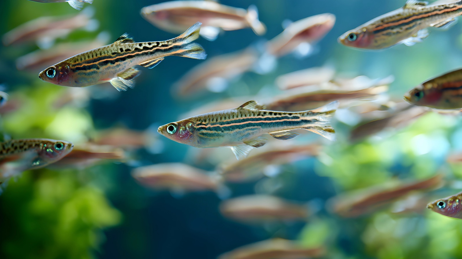 A shoal of zebra danios, each striped horizontally in blue and gold, swimming together near the surface